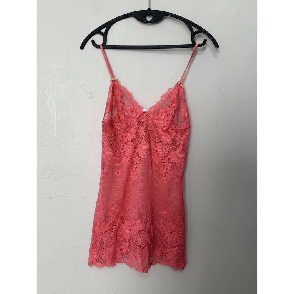 Vtg Victoria's Secret Y2K Coral Lace Slip Dress Sz S Fairy Coquette Mesh Sheer